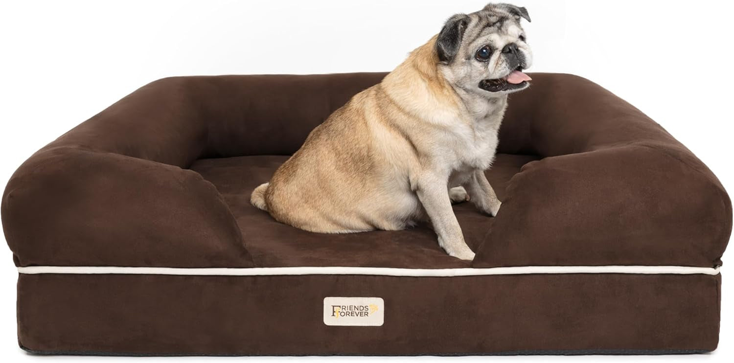 Front view of a dark brown bolster dog couch with a small pug seated in the center facing right.
