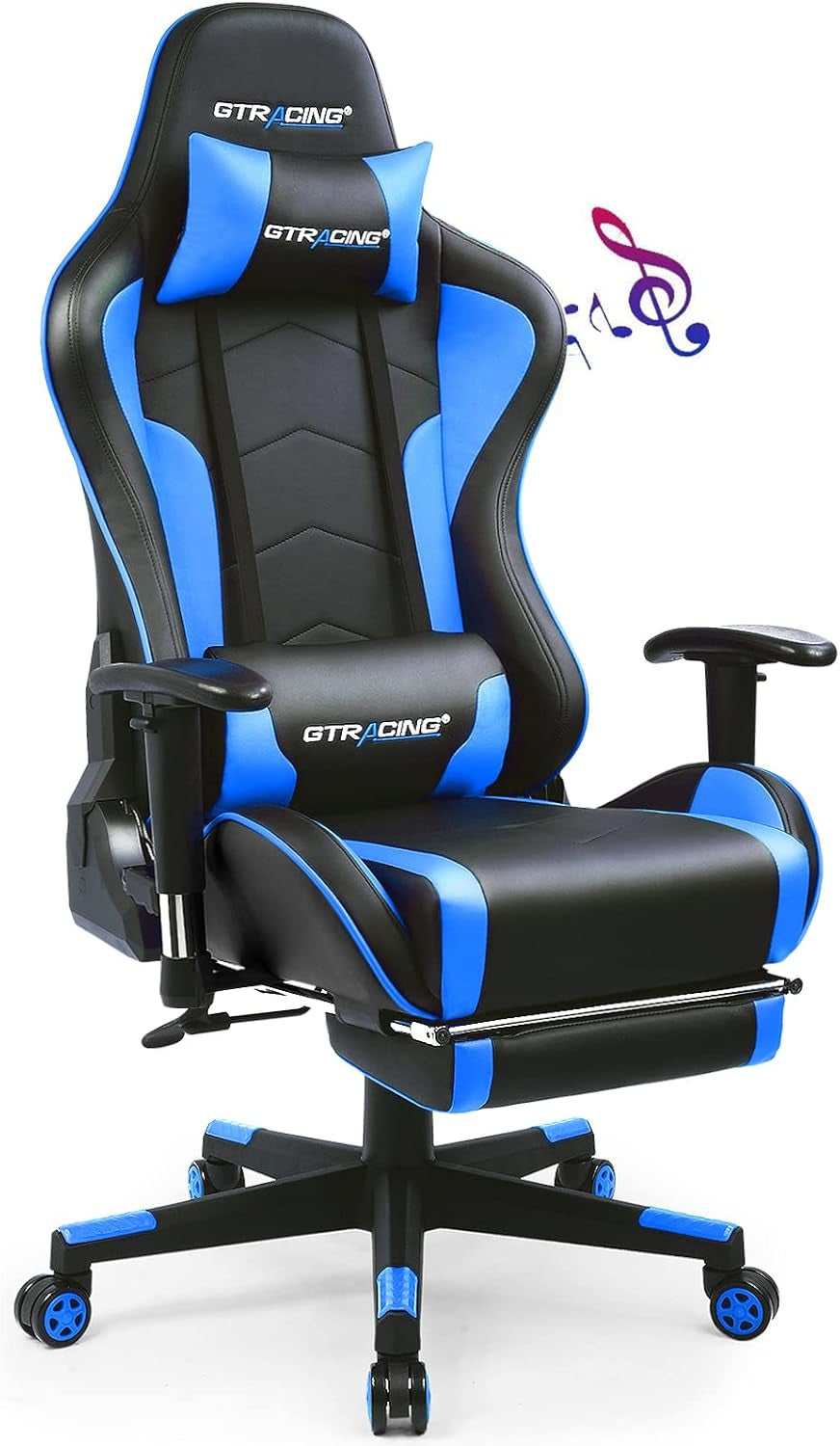 Black and blue gaming chair with blue accents, lumbar pillow and extended footrest.