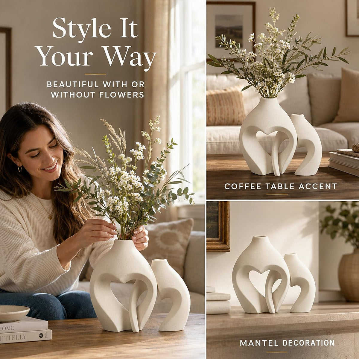 Lifestyle collage of a woman arranging flowers and the ceramic heart vases shown as coffee table and mantel accents