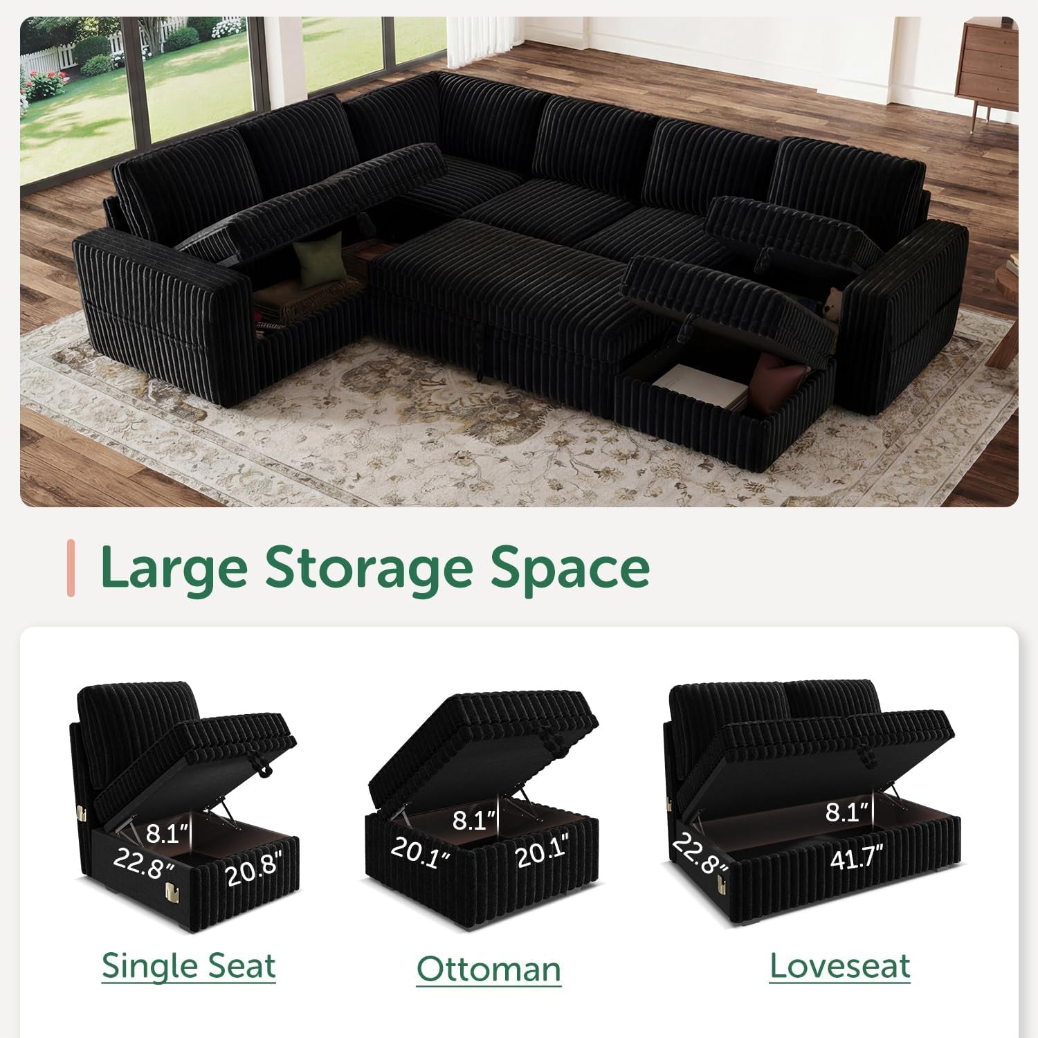 Modular Sectional Sleeper Sofa with Pull Out Bed,Corduroy U Shaped Couch with Storage, Sectional Couches for Living Room,Black
