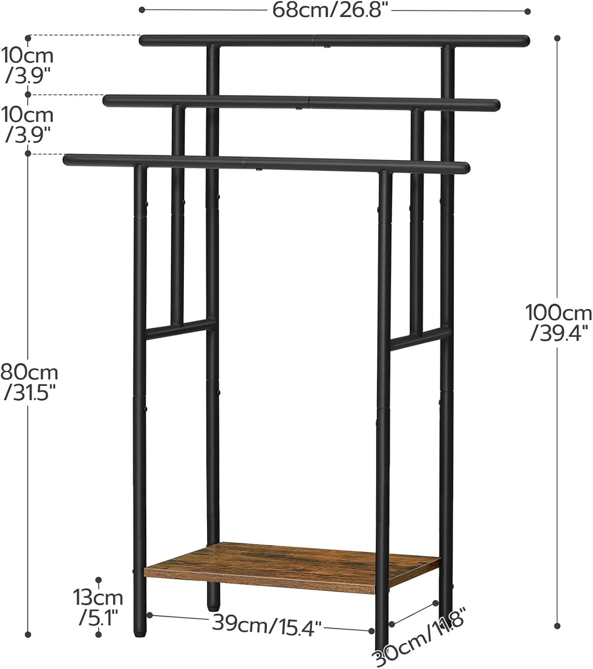 Diagram-style view of the towel rack showing the three-tier bars and the single wood-tone lower shelf with measurement call‑s