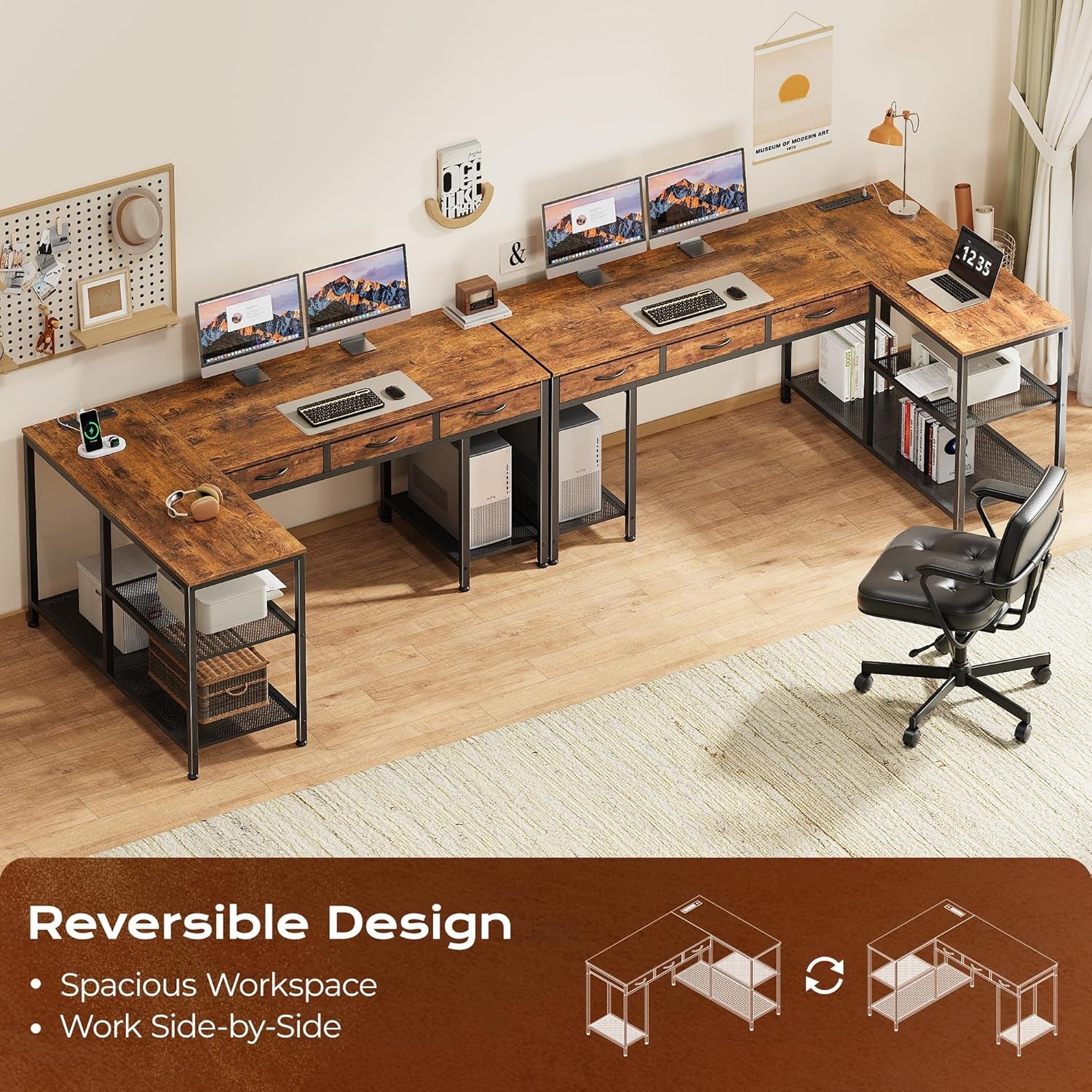 Overhead scene showing multiple L-shaped desks arranged side-by-side to illustrate the reversible layout and workspace