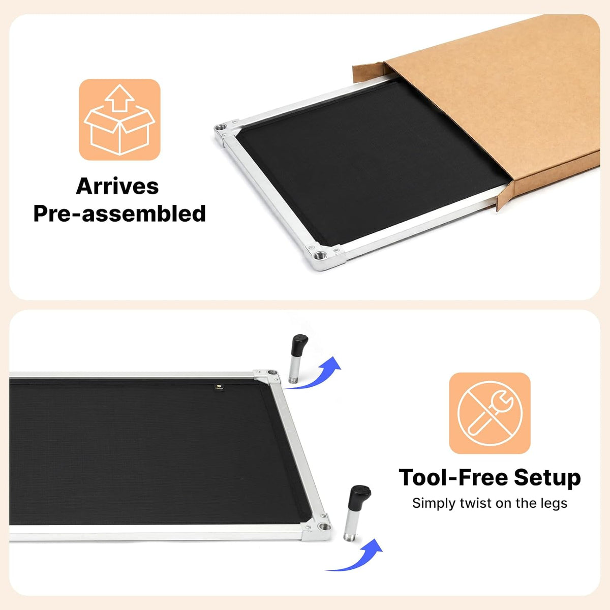 Black Teslin mesh bed panel partly inside a cardboard box with legs shown for tool-free twist-on setup