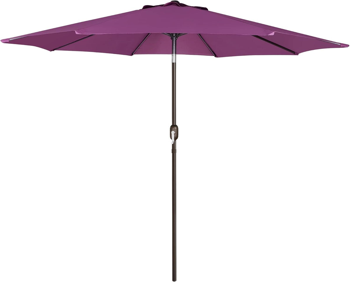 Full view of a purple patio umbrella with brown pole and crank, open against white background.