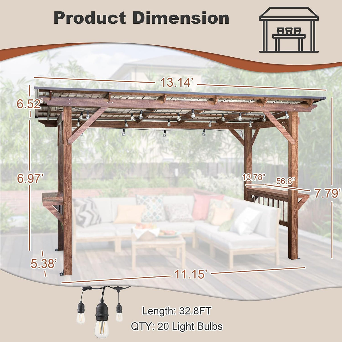 Dimension graphic of the gazebo showing 13.14' length, height and width measurements with string bulbs illustrated