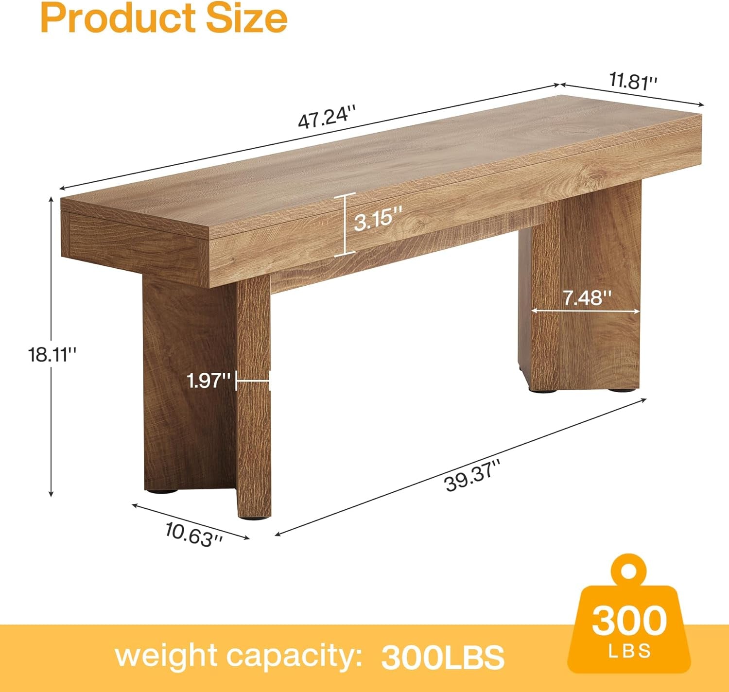 Dimension diagram showing 47.24" length, 11.81" width, 18.11" height and a 300 lb capacity badge