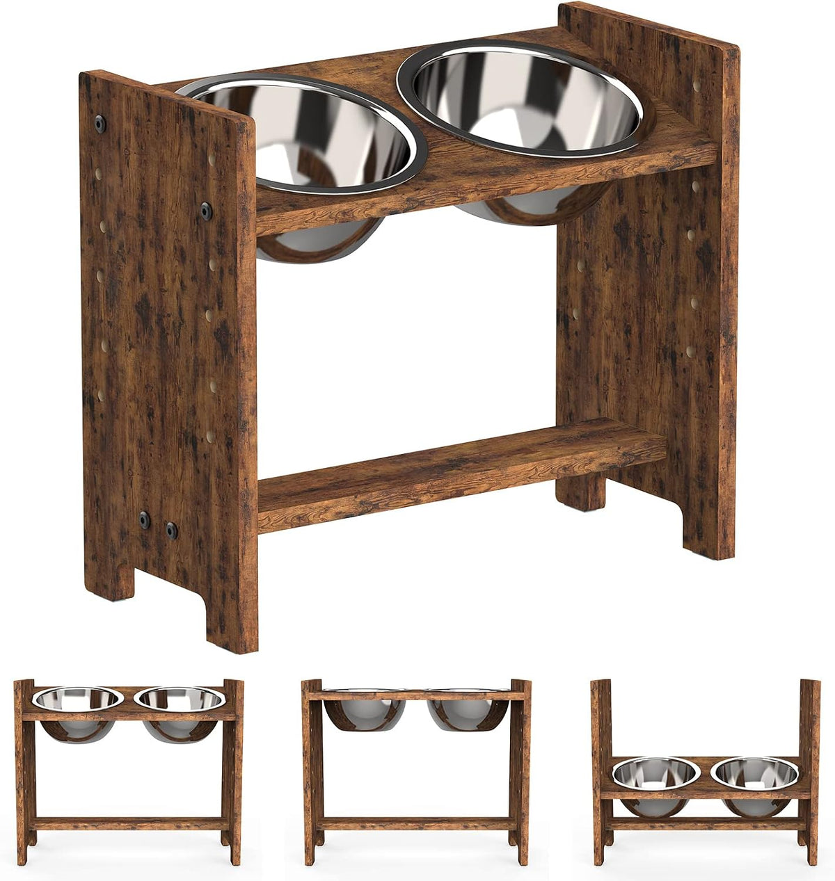 Angled view of a rustic brown wooden elevated double dog bowl stand with two stainless bowls.