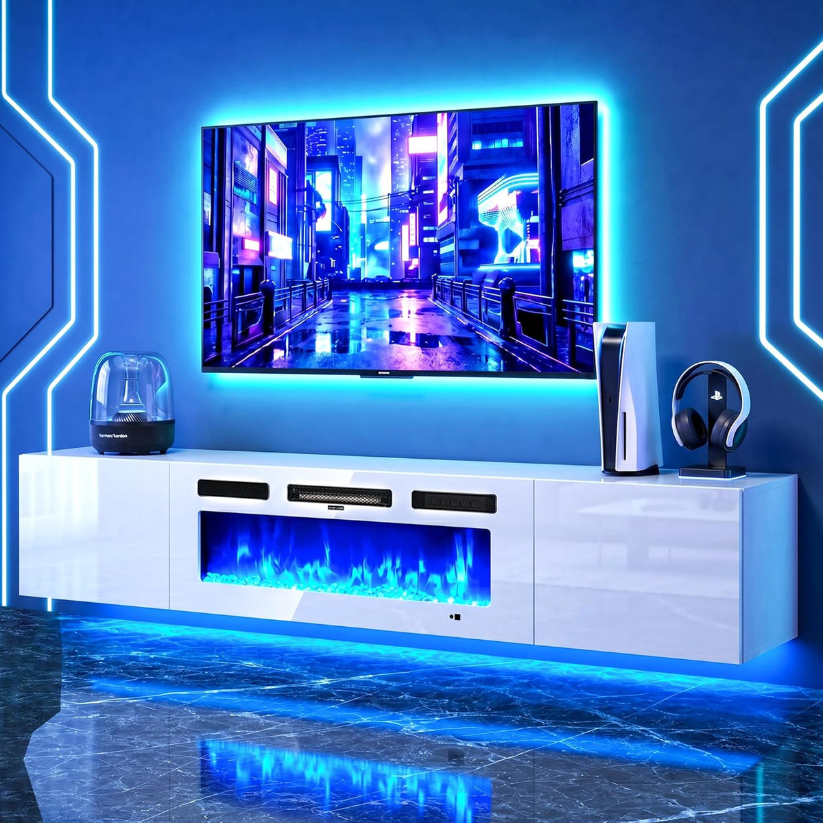 White floating TV stand with built-in blue electric fireplace in a neon-lit living room, front view