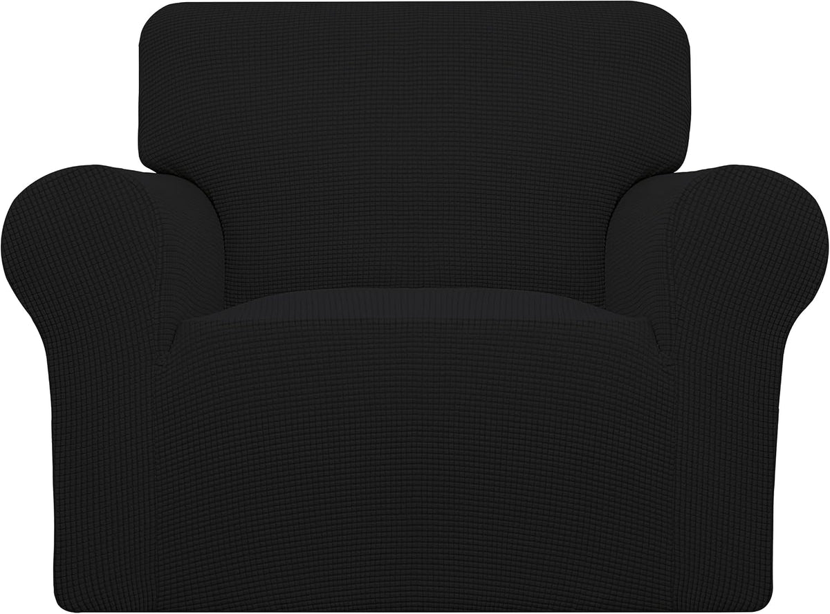 Front-facing dark gray textured cover fitted on a single armchair with rounded arms.