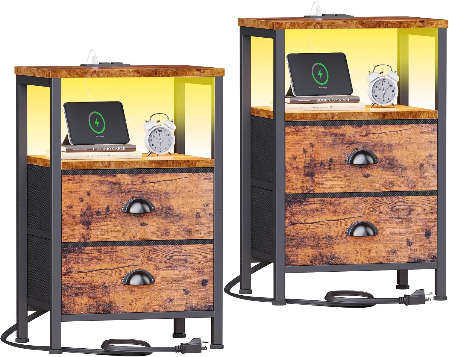 Two rustic brown wood-grain nightstands with black frames, open shelf and visible power cords