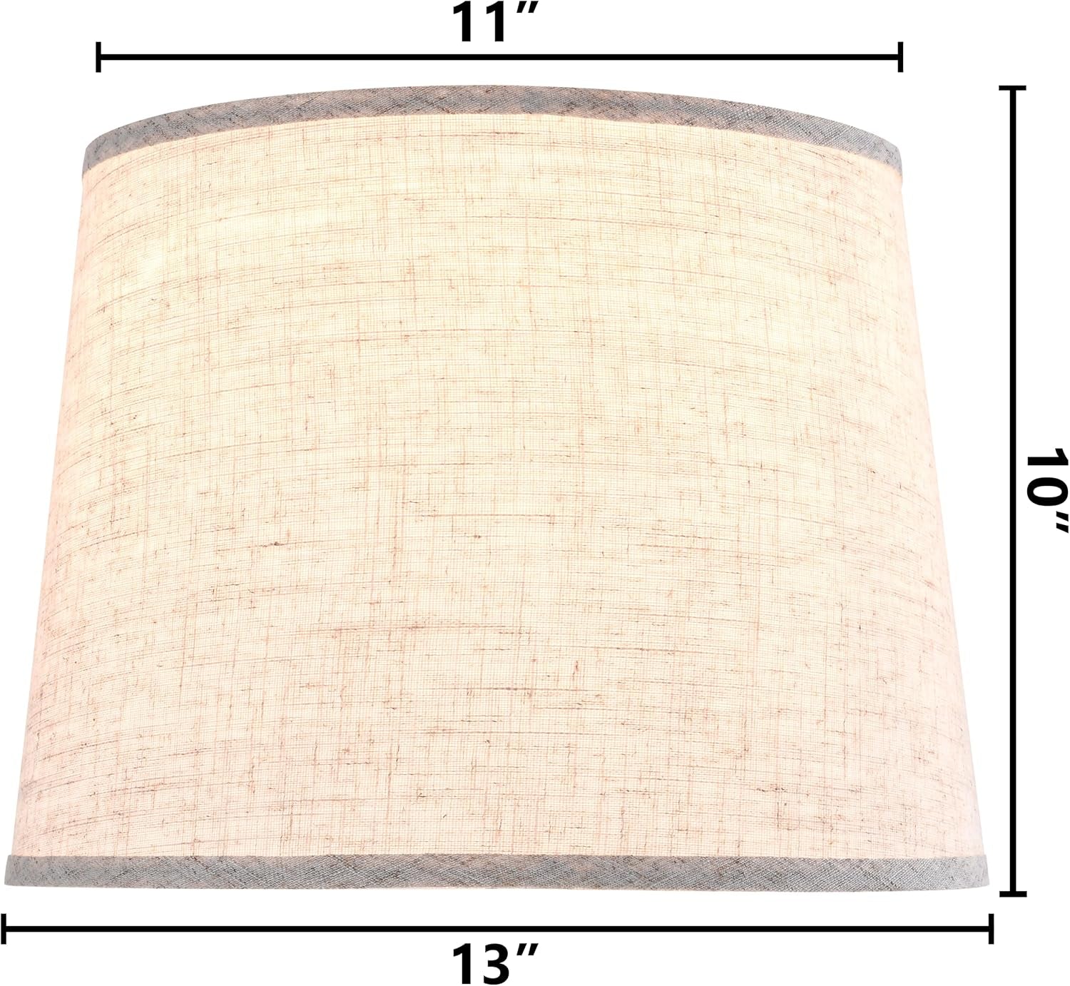 Beige linen drum lampshade illuminated front view with 11 in top, 13 in bottom, 10 in height labels