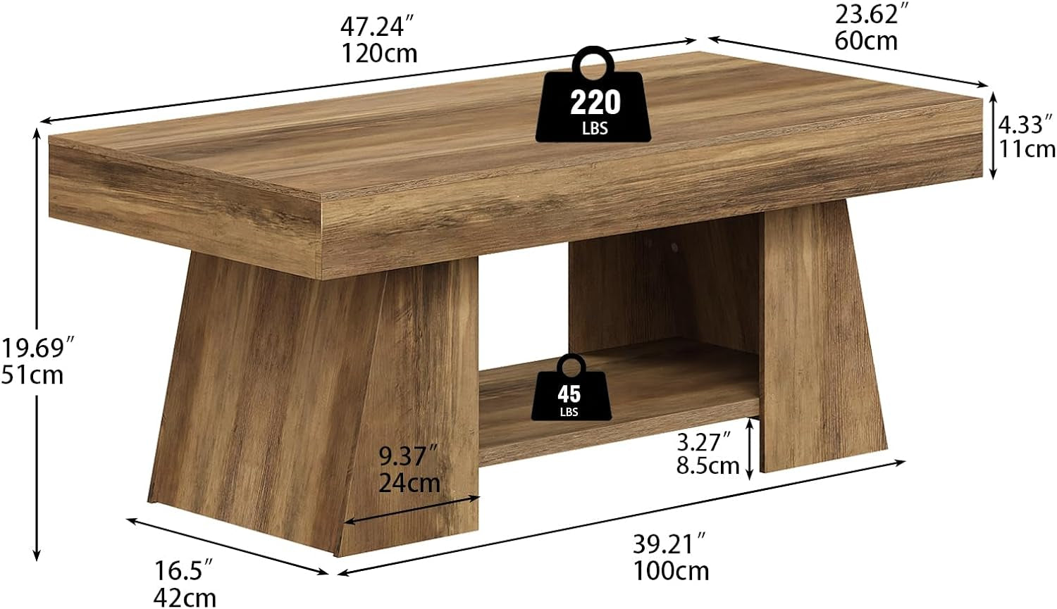 Graphic diagram showing dimensions and weight capacities for a 47.24" rectangular coffee table
