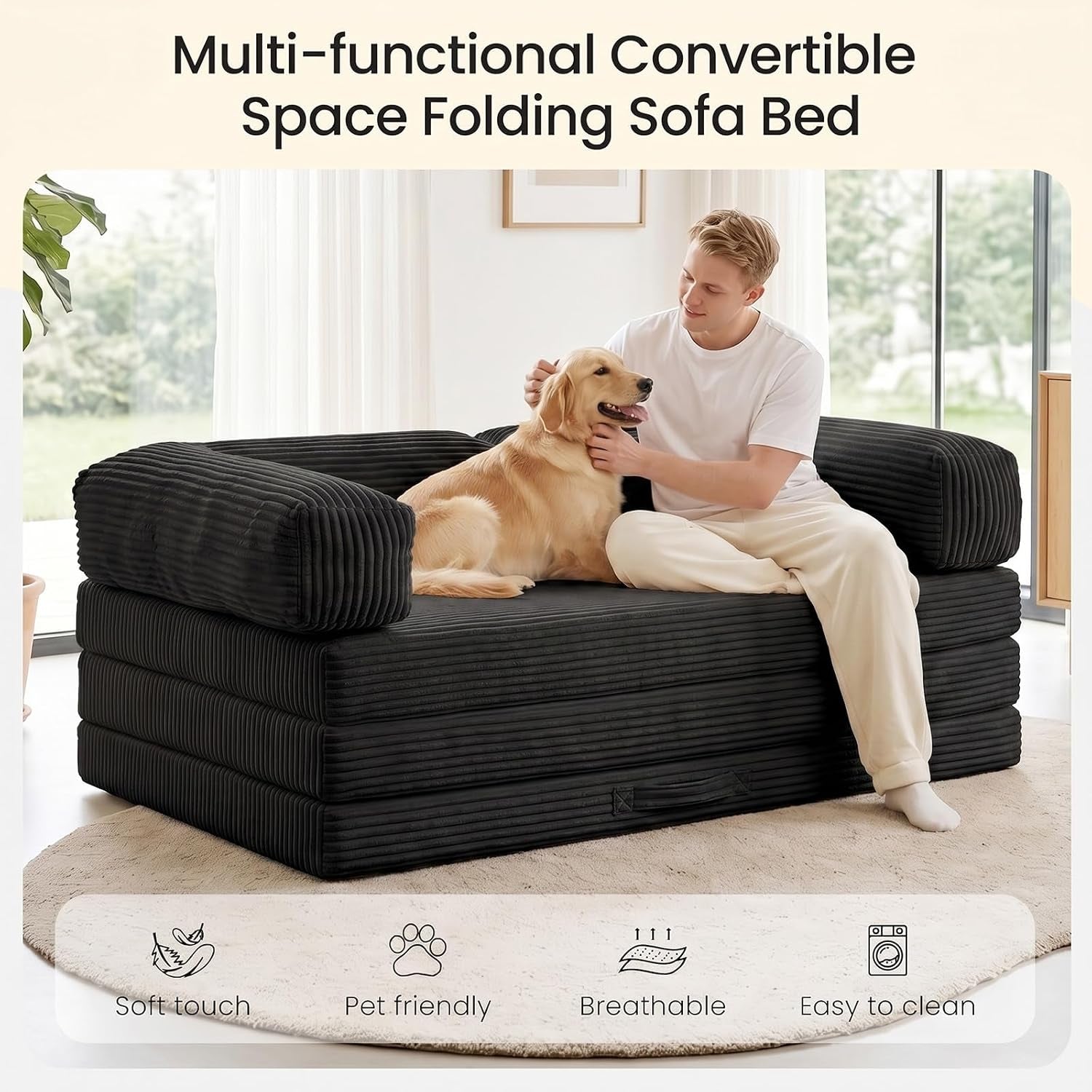 Man sitting with a dog on the folded futon loveseat showing corduroy texture and stacked tri-fold layers