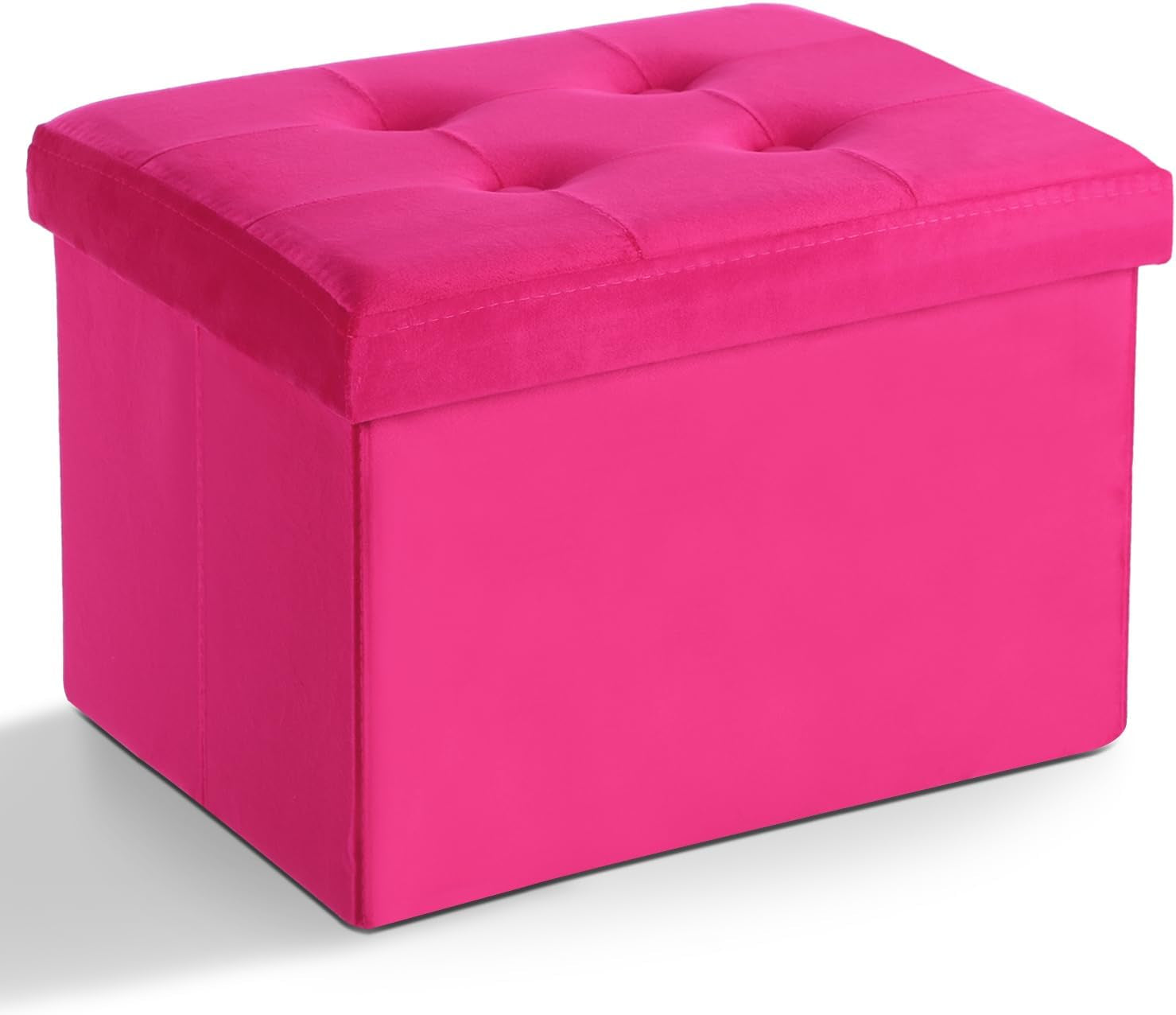 Front three-quarter view of a hot pink tufted rectangular storage ottoman on a white background.