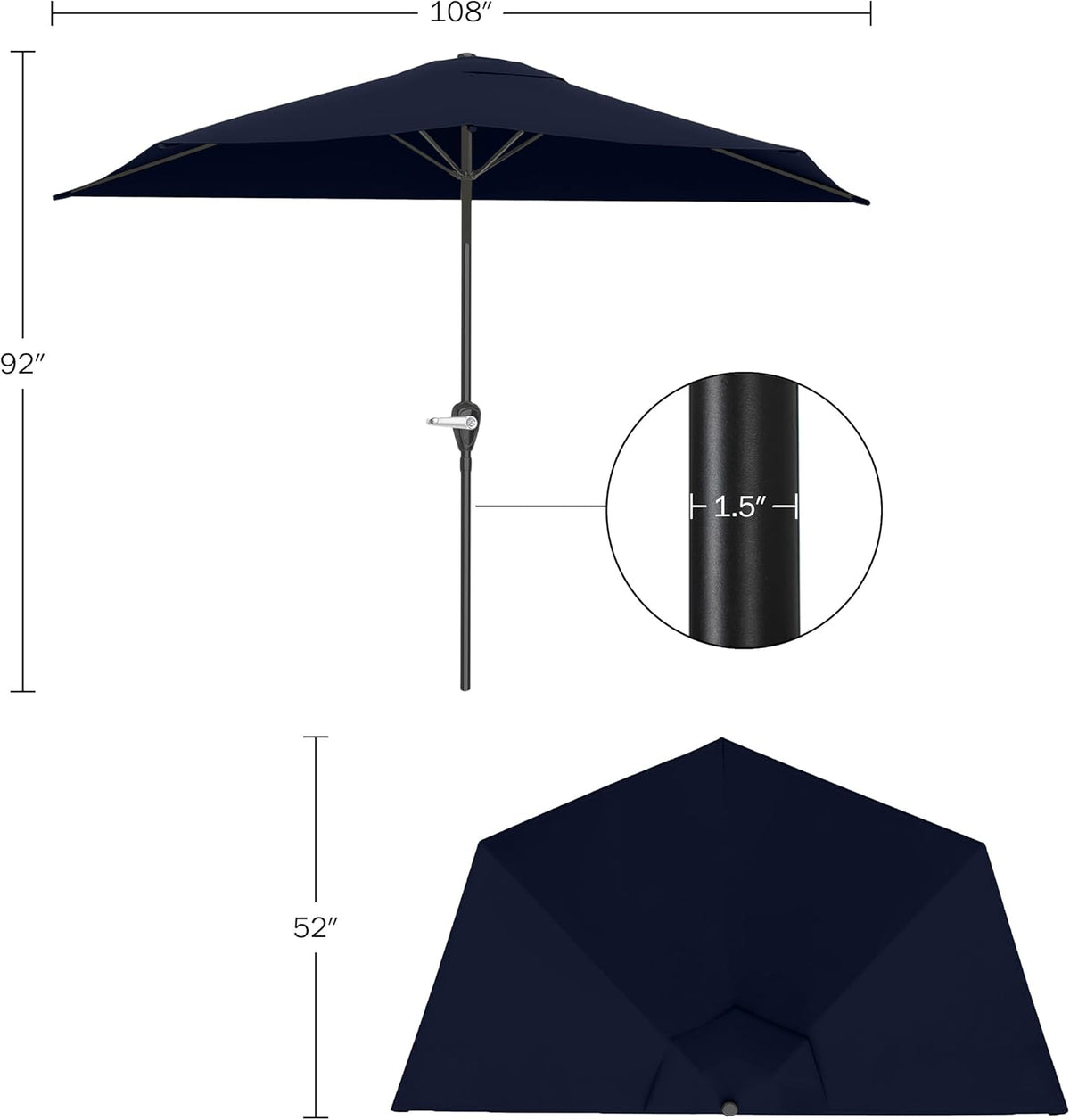 Diagram view with dimensions showing 108-inch width, 92-inch height and 1.5-inch pole