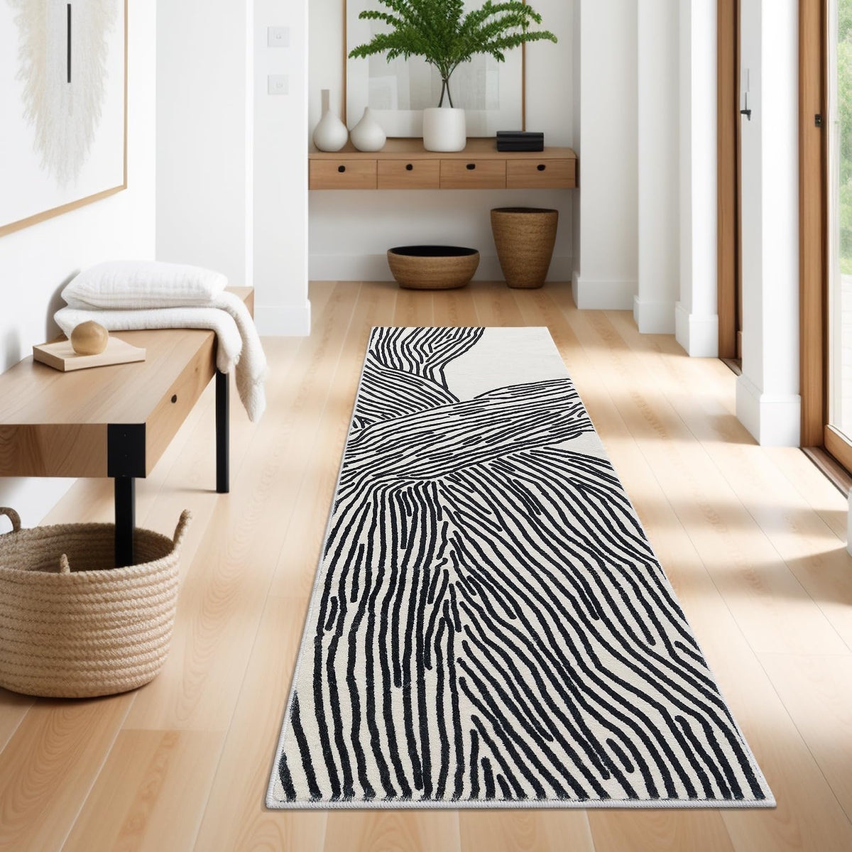 Long runner showing the rug’s black organic stripes down a bright entry hall beside a bench and woven basket.