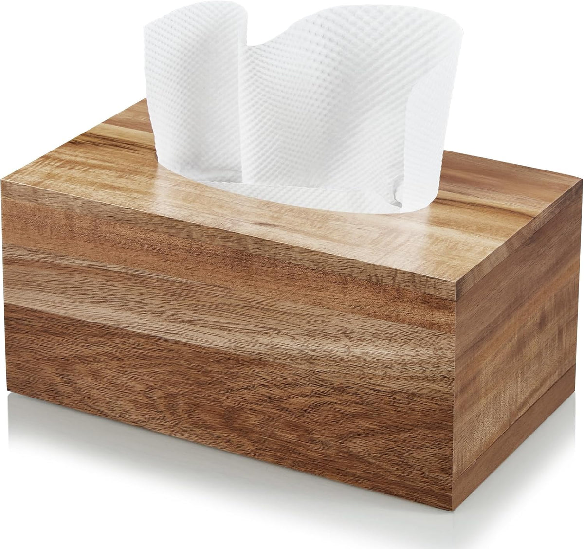 Close-up front view of acacia-finish rectangular tissue box cover showing wood grain and oval tissue opening