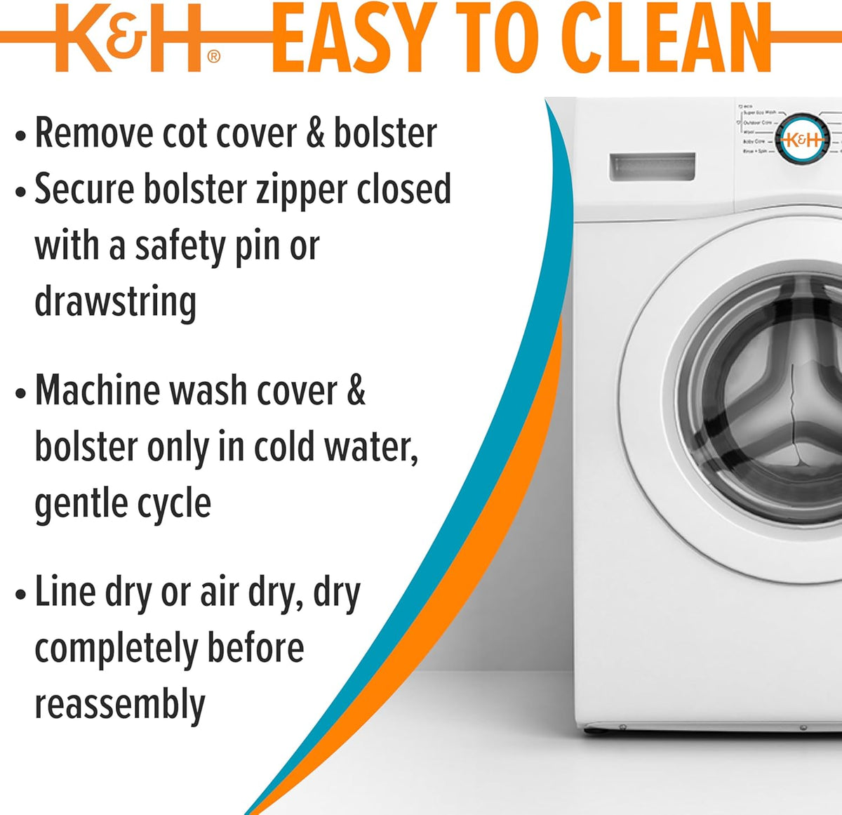 Graphic showing a washing machine and text instructions to machine wash cover and bolster in cold water on gentle cycle