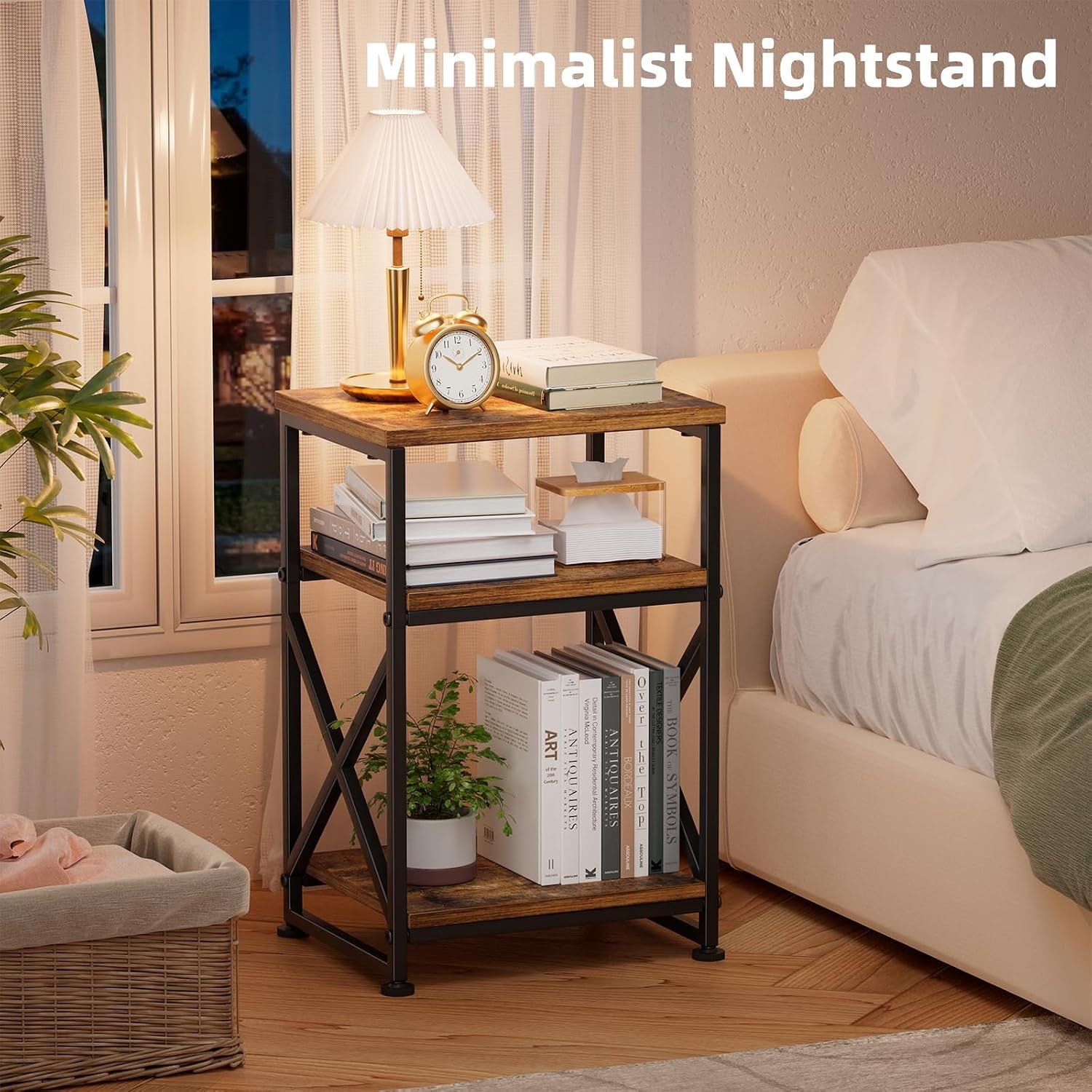 Nightstand styling showing books and lamp on the three open shelves beside a bed