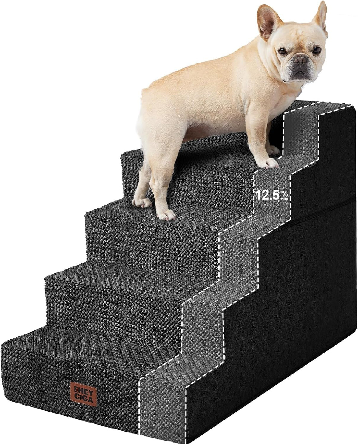 Black four-step pet stairs shown at an angle with a small dog on top and a dashed overlay highlighting the stair profile