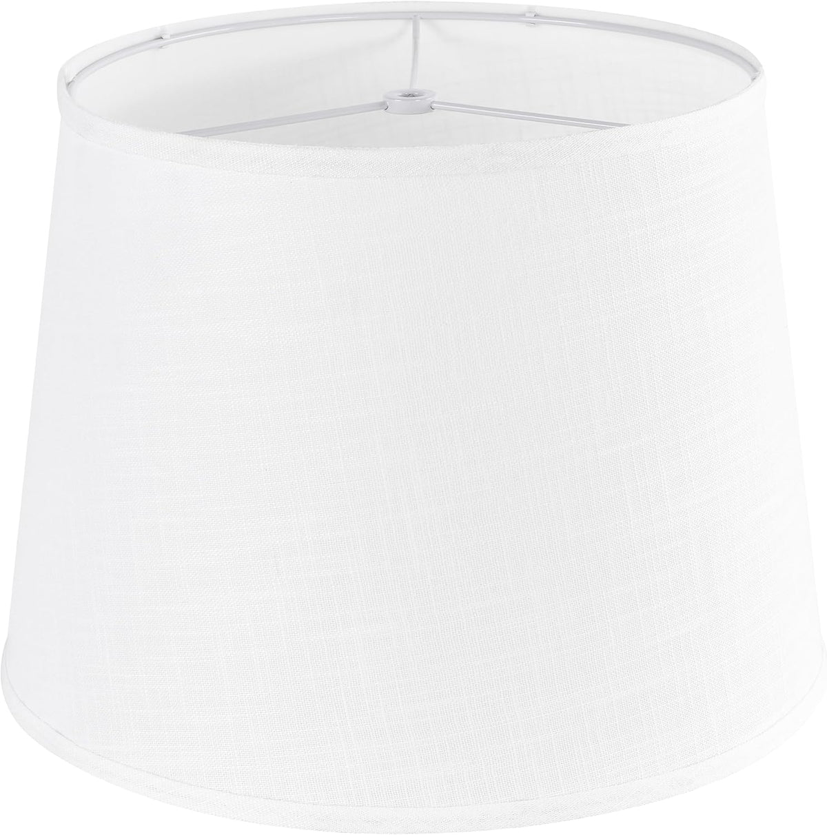 White drum lamp shade from a slight top angle exposing its inner spider fitter and fabric texture