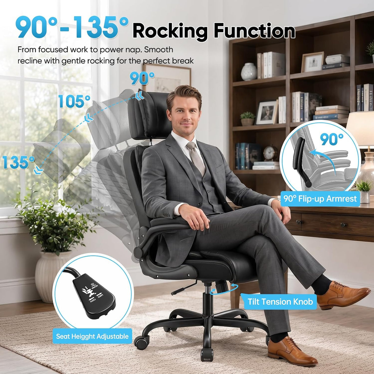 Illustration of chair reclining from 90° to 135° with a seated man demonstrating the rocking function