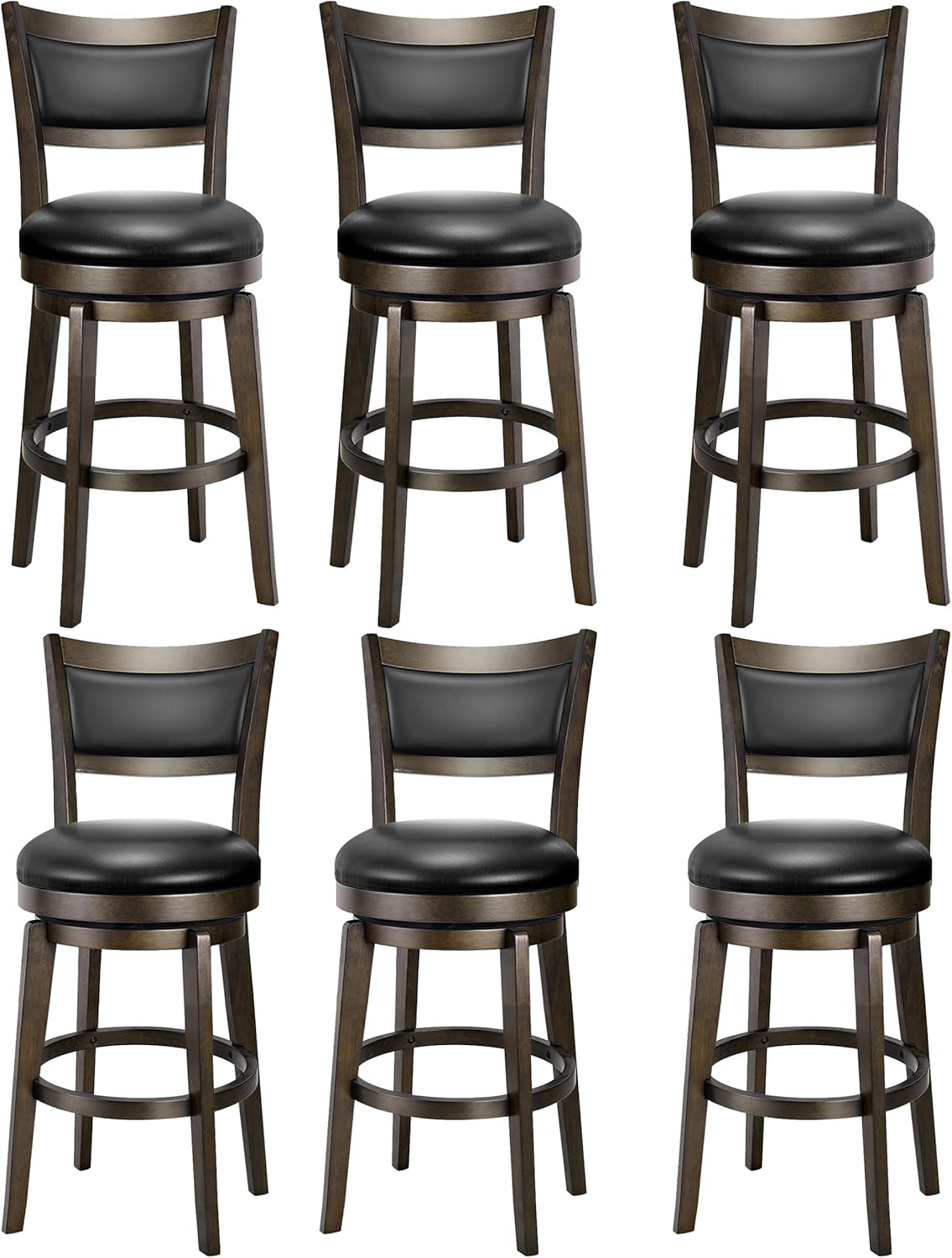 Six wooden swivel bar stools with rounded black cushions shown in two rows of three on white background.