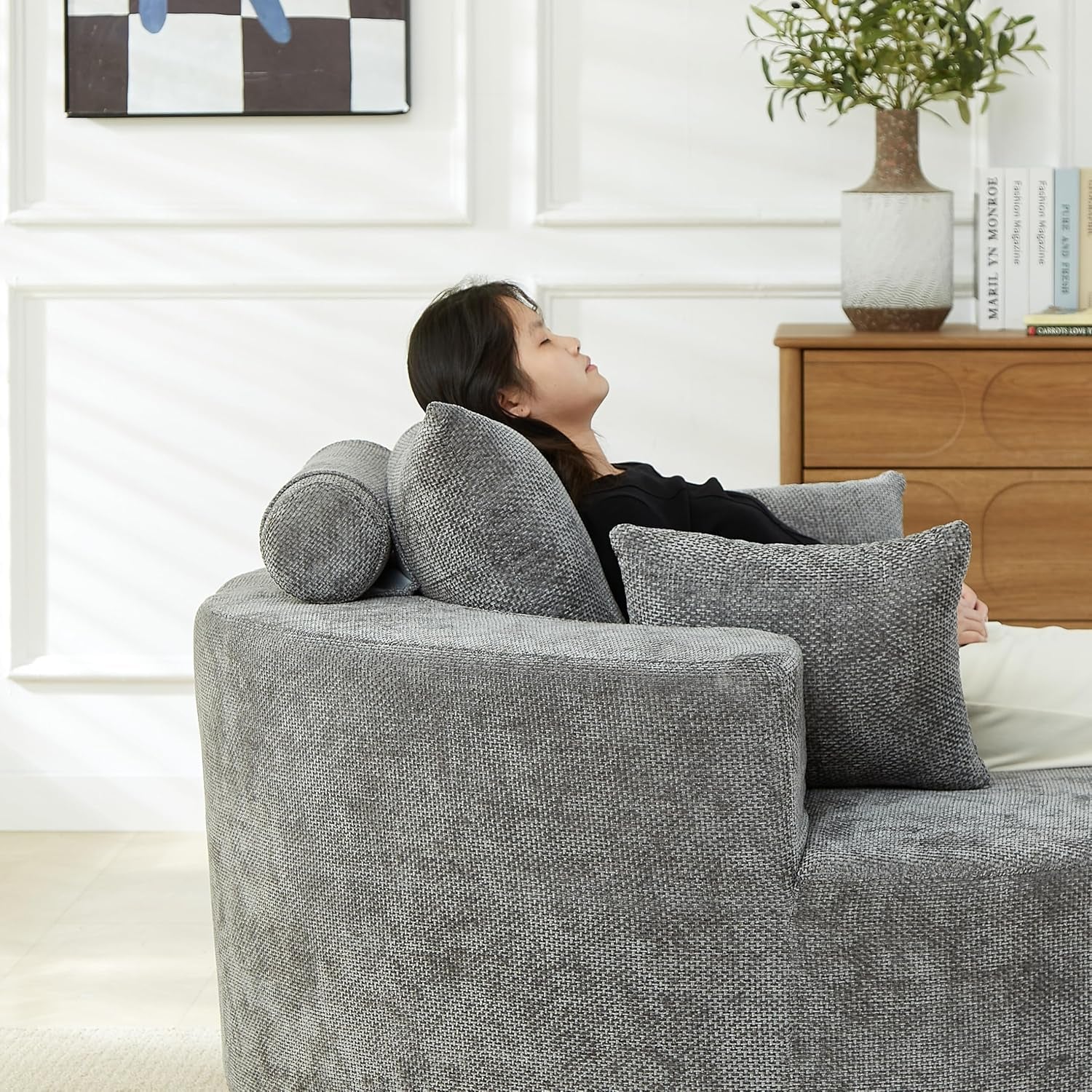 55-Inch Oversized Compressed Foam Cloud Chair round Boneless Sofa Chair with Headrest, Comfy Chenille Upholstered Armchair Lounge Chaise for Living Room Bedroom, No Assembly
