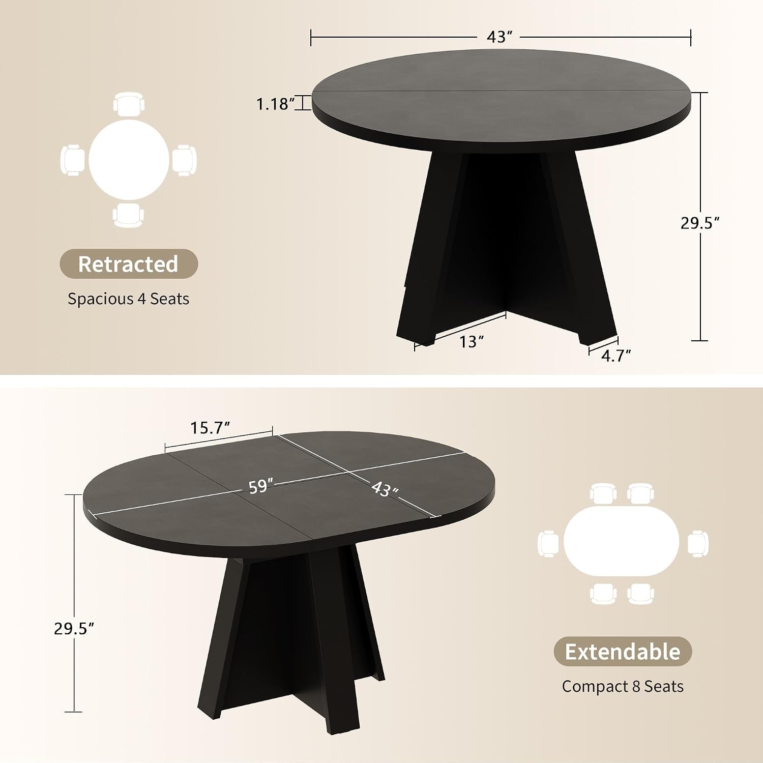 Graphic diagram showing 43" retracted tabletop, 1.18" thickness and pedestal base measurements