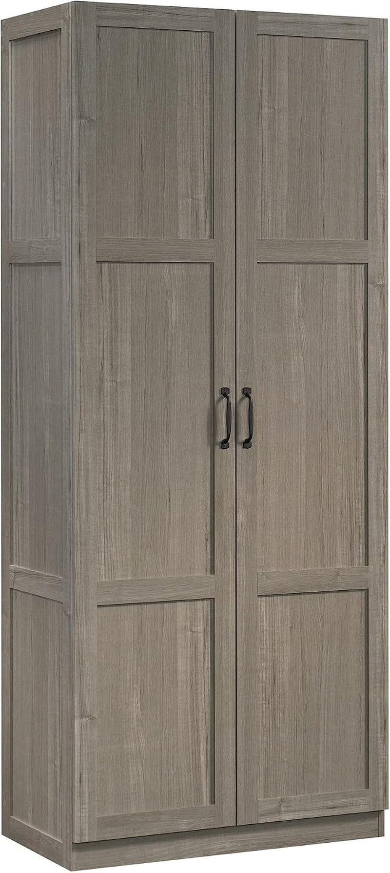 Tall two-door storage cabinet in a weathered gray wood finish with black hardware.