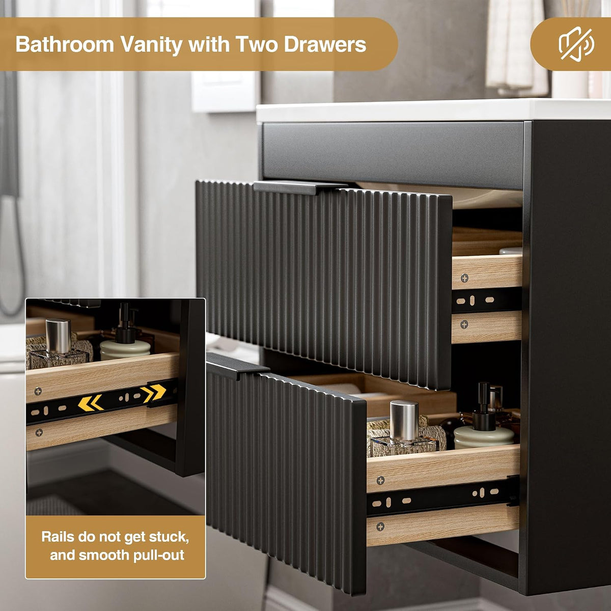 Detail of ribbed drawer fronts and metal slide rails highlighting smooth pull-out mechanism