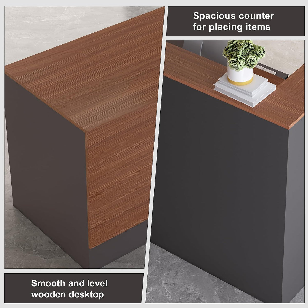 Close-up of the smooth wooden desktop and raised reception counter with walnut finish and slate-gray side panel
