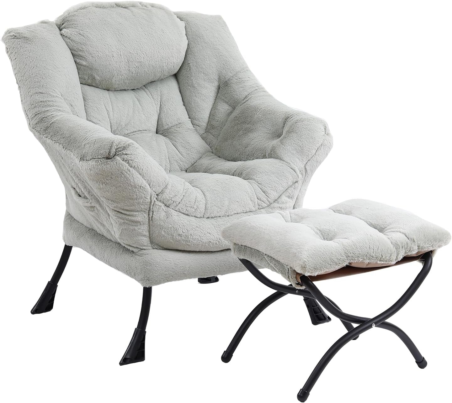 Light gray plush lounge chair paired with a matching cushioned ottoman, shown on white background.
