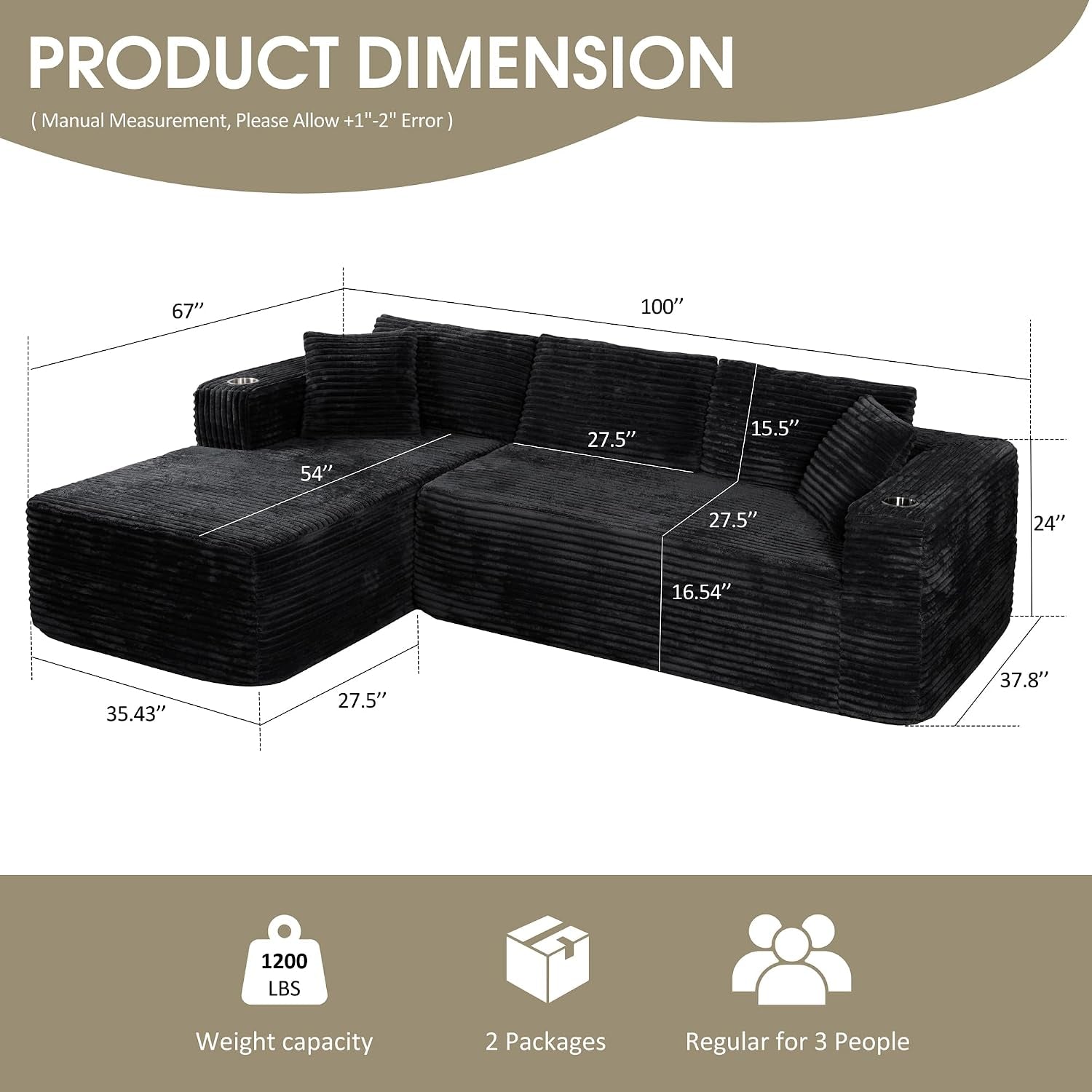 Cloud Sectional Boneless Couches for Living Room,Modular Sectional Sofa with 2 Cup Holders,Memory Foam Cloud Couch with L Shaped Oversized Chaise,No Assembly Needed Plush Corduroy Sofa,Black
