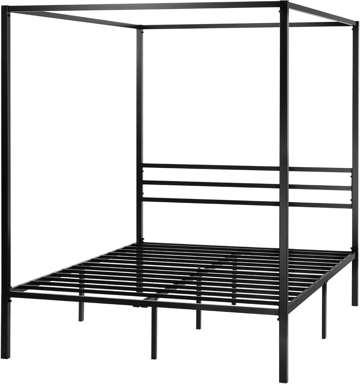 Three-quarter studio view of the black metal canopy frame showing slatted platform and upright posts