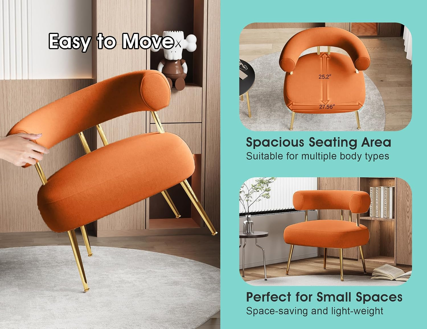 Hand lifting the orange accent chair demonstrating easy-to-move lightweight design and seating detail