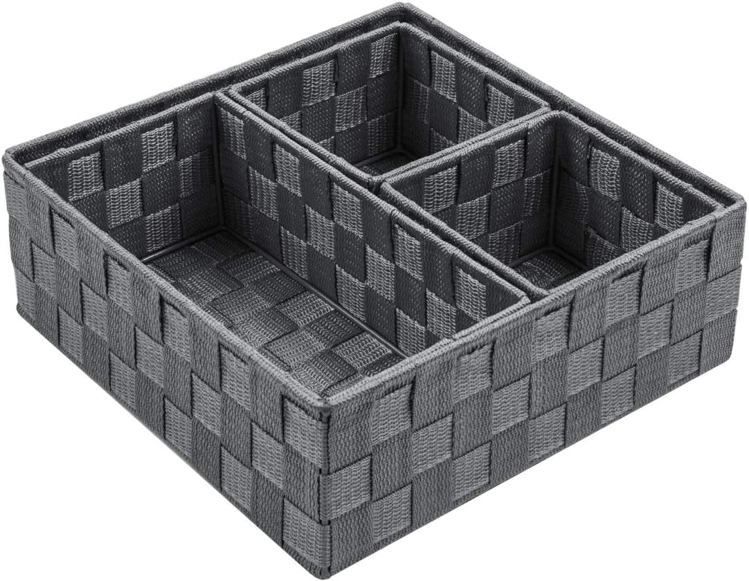 Single rectangular woven basket shown at an angle, revealing three internal divider compartments.