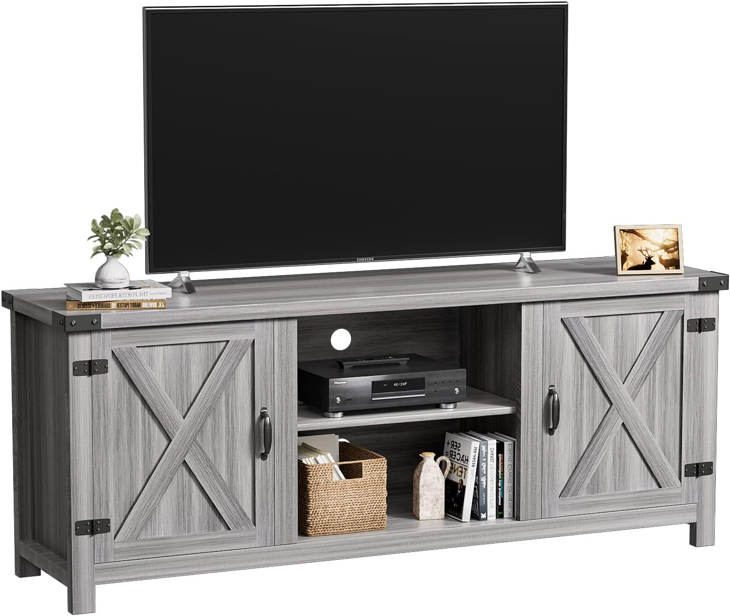 Studio shot of gray wash 58-inch TV stand on a plain background showing shelves, cabinet doors, and cable access.
