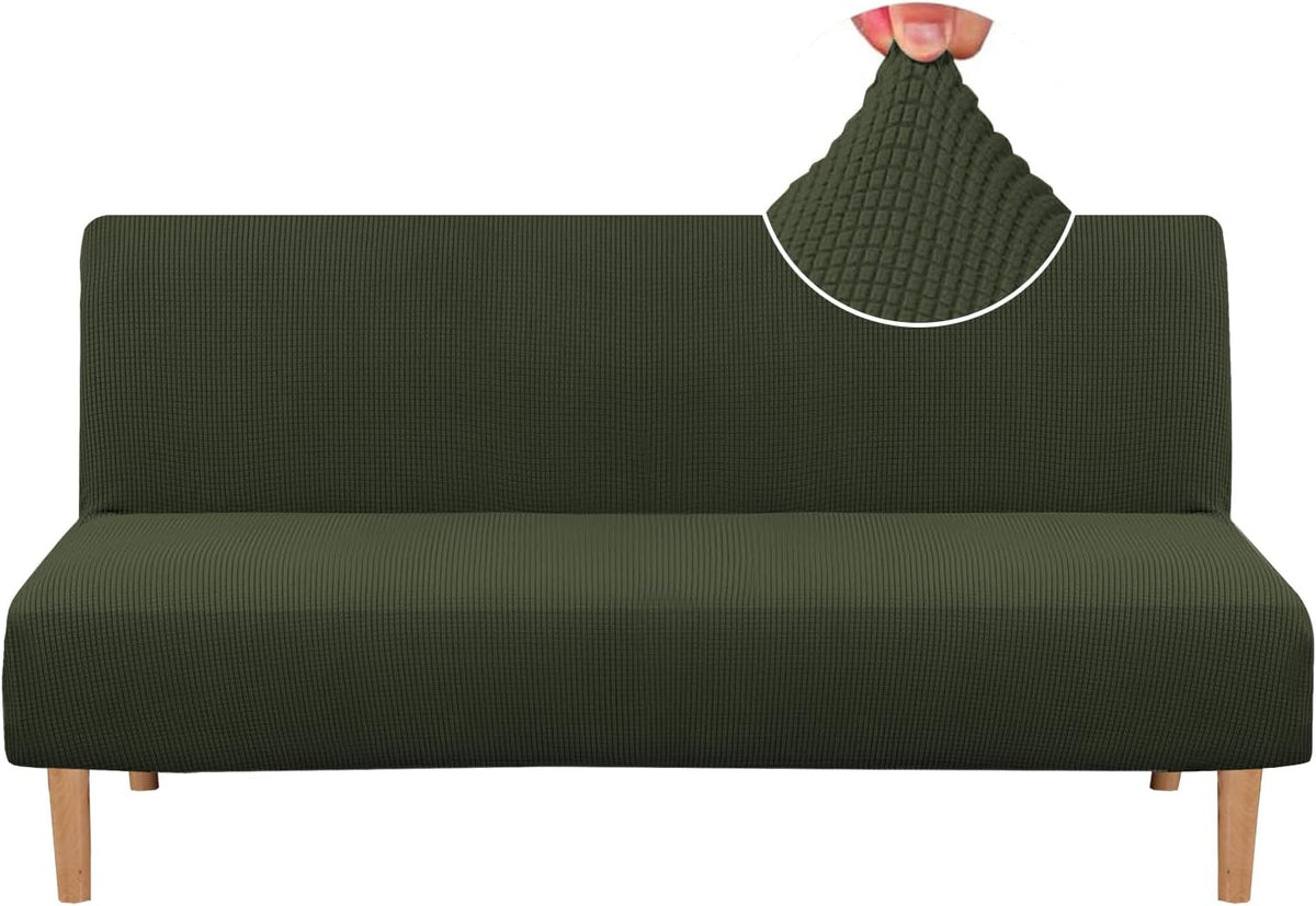 Front view of a armless futon covered in a dark olive textured small-check slipcover with exposed wooden legs and inset