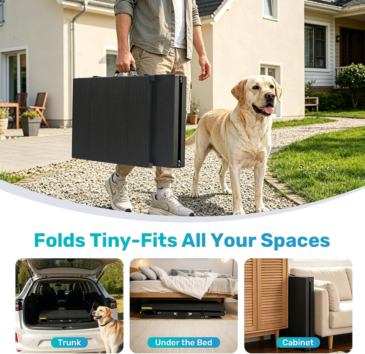 Person carrying the folded ramp by its integrated handle with a Labrador walking nearby and icons showing trunk, under-bed an