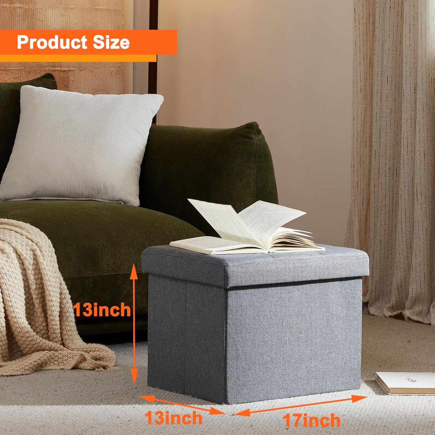 Grey ottoman front view with orange dimension overlays showing 17 x 13 x 13 inches