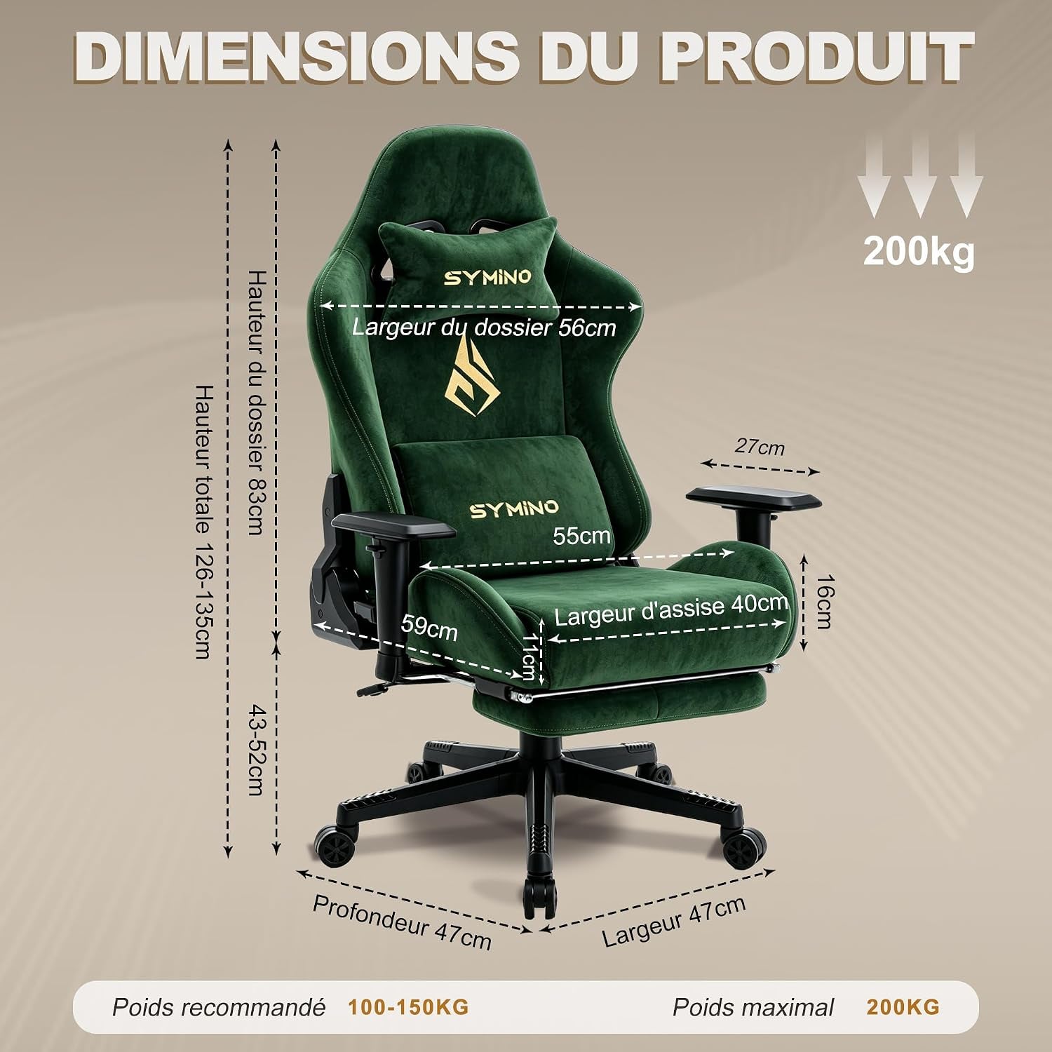 Dimension diagram overlaid on green gaming chair showing seat and back measurements and weight indicators