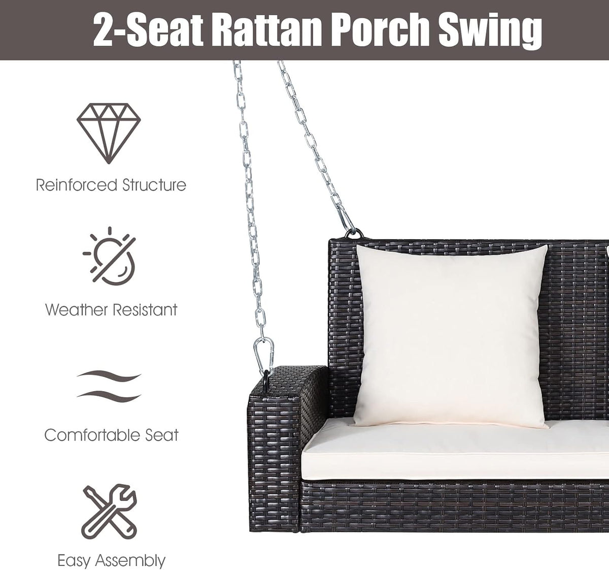 Close-up of dark brown rattan arm and cream cushion with icons highlighting reinforced structure and comfortable seating