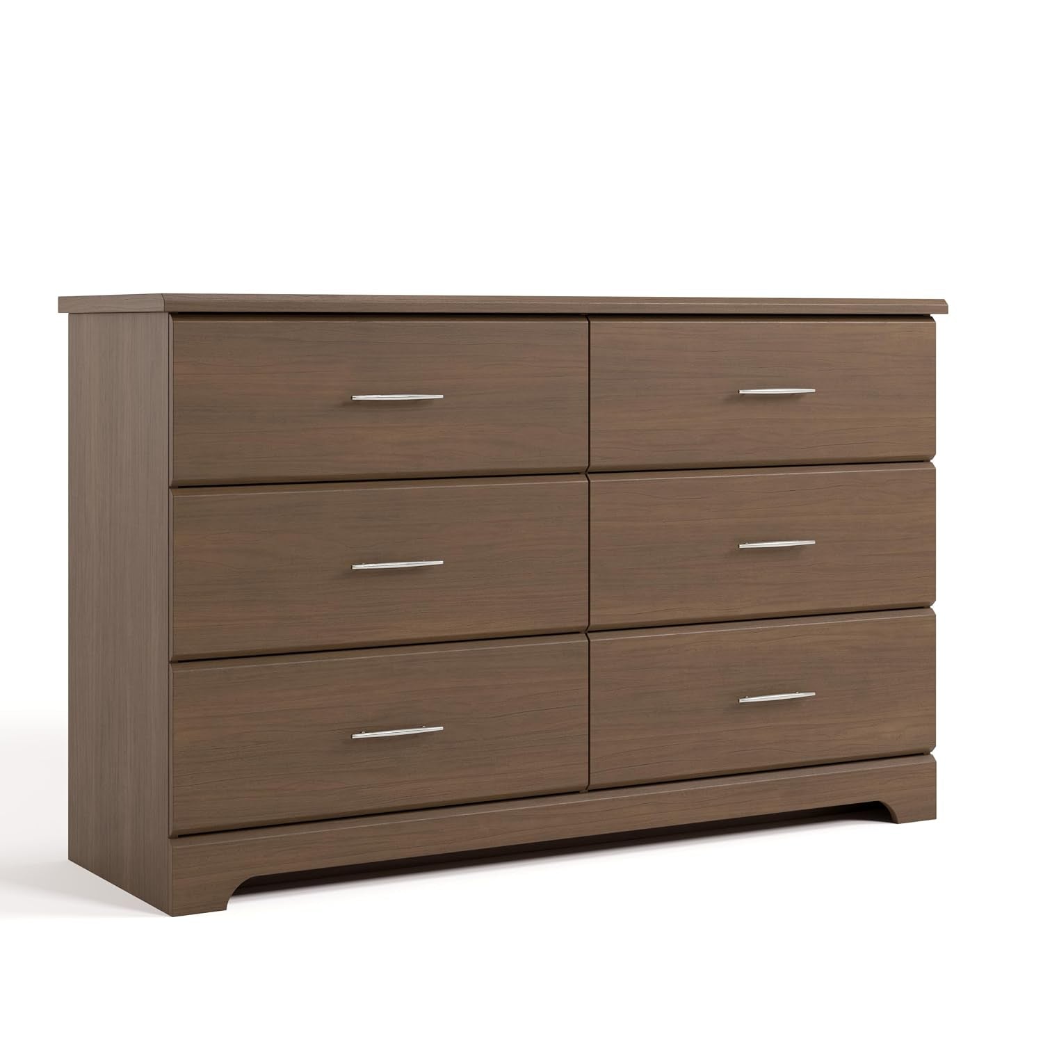Three-quarter view of a brown six-drawer dresser with slim metal handles on a white background