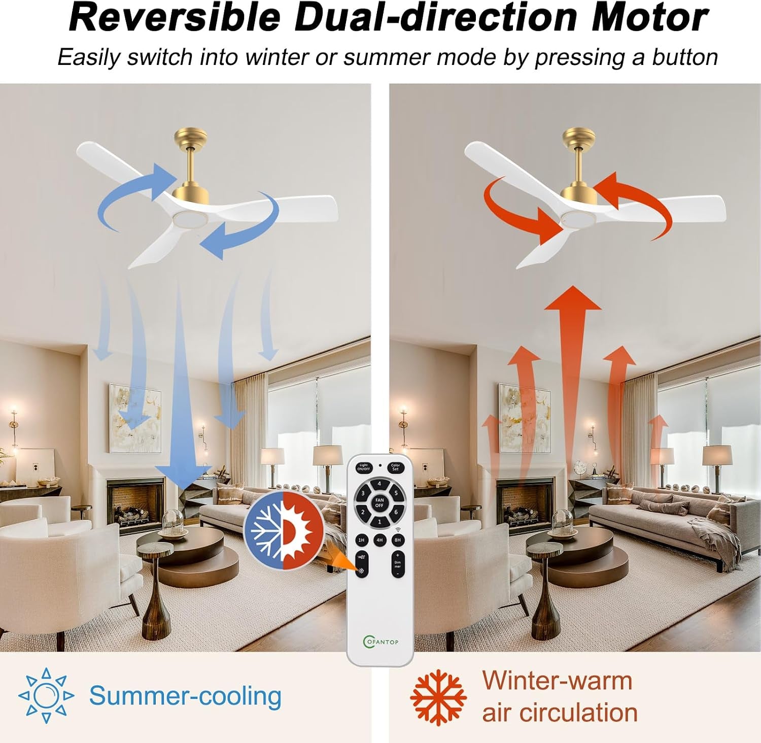 White ceiling fan in a living room showing reversible airflow illustration with remote control
