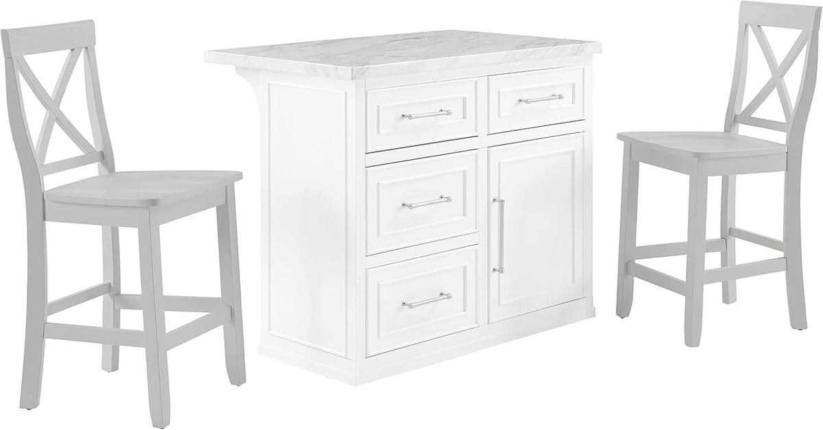Three-quarter view of white kitchen island with faux marble top flanked by two white X‑back counter stools.