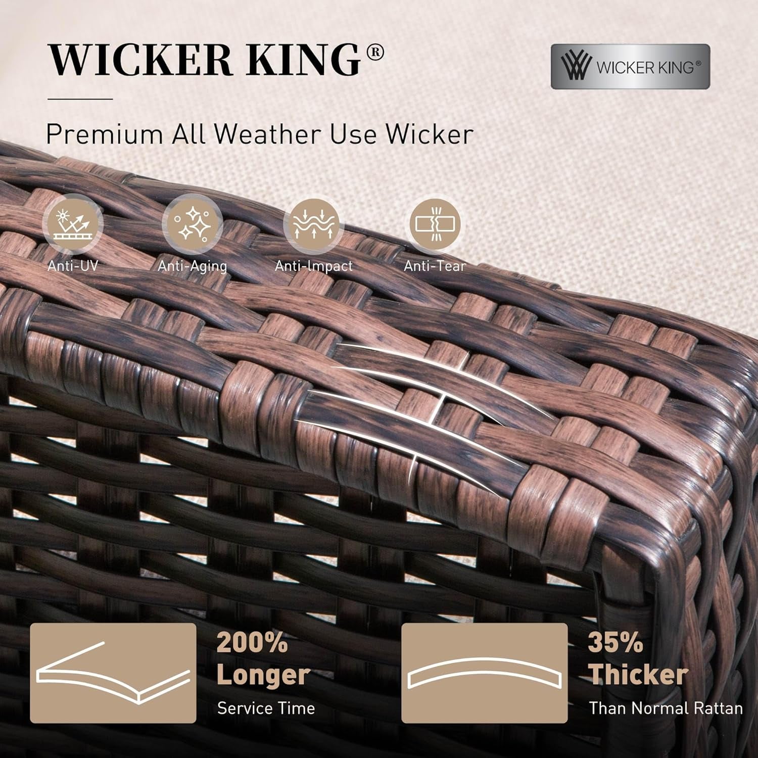 Close-up of thick brown synthetic wicker weave and reinforced rounded arm edge in a dark brown finish.