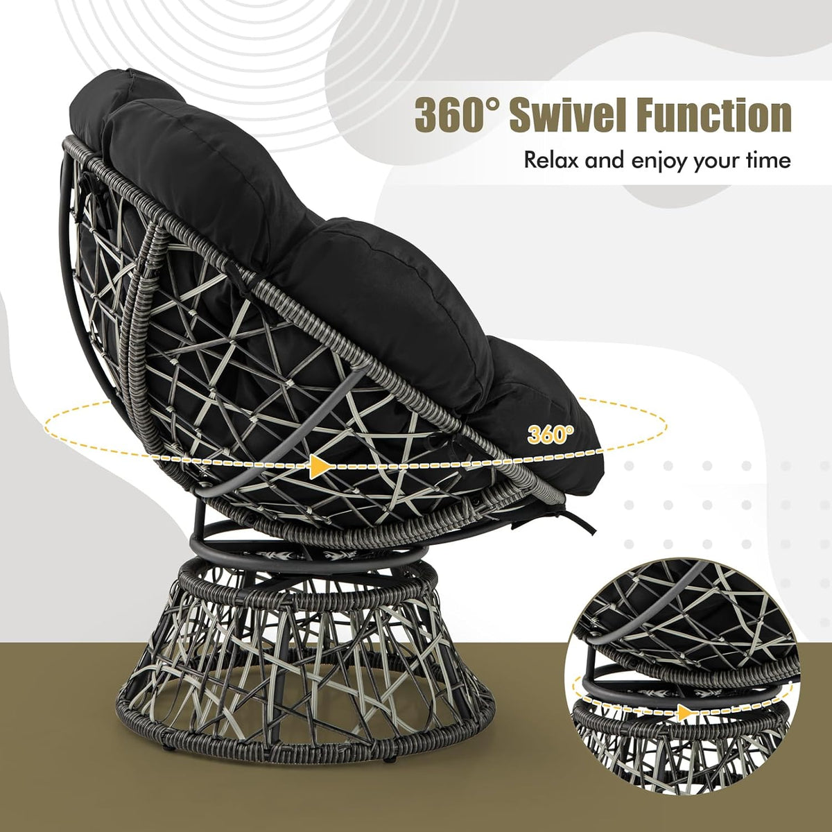Side/back view of the papasan chair highlighting the woven shell and swivel base