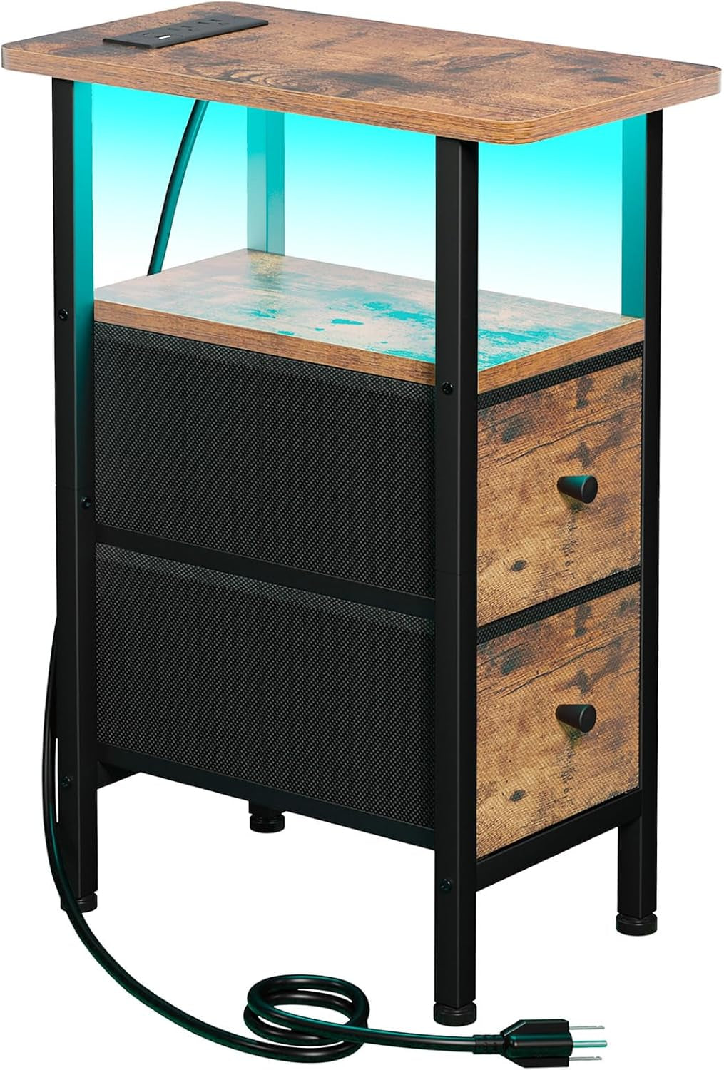 Wood-effect narrow table with three fabric drawers and three knobs, power cord shown