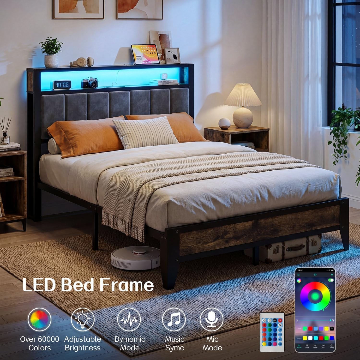 Angled room view of bed with blue LED lighting in headboard shelf and bedding on the platform frame